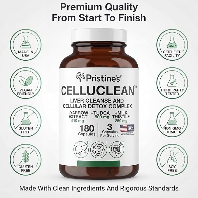 PRISTINE'S CelluClean Liver Cleanse and Detox Complex – TUDCA Yarrow Extract &amp Milk Thistle – 3rd Party Tested Non-GMO Bile Salts Remover – Vegan GMP Facility Made in USA Glass Bottle