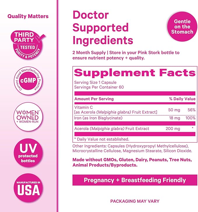 Pink Stork Iron for Women 18 mg Non-Constipating Iron Bisglycinate + Vitamin C for Optimal Absorption Energy Focus &amp Oxygen Support PMS Pregnancy Postpartum &amp Perimenopause 60 Capsules