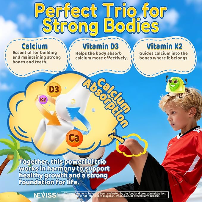 Kids Calcium Gummies + Vitamin D3 (1000IU/2000IU) K2 Magnesium Phosphorus Probiotic Algae Calcium Supplement for Kids 4+ &amp Teens for Bones &amp Teeth Extra Calcium Absorption Sugar Free 6