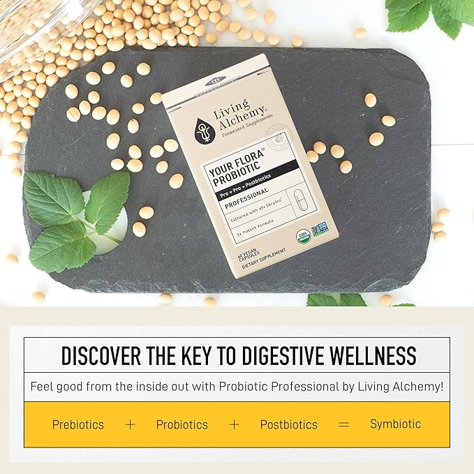 Living Alchemy Gut Health Supplements for Men &amp Women - Your Flora Probiotic Professional Digestion Supplement with Fermented Soybean Prebiotics Digestive Enzyme - Vegan Non-GMO 60 Pcs