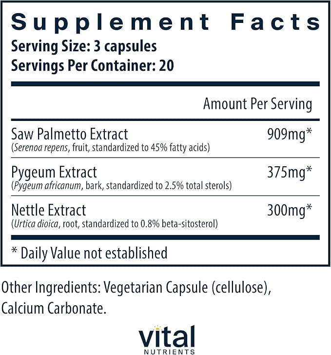 Vital Nutrients Saw Palmetto with Pygeum &amp Nettle Root - Vegan Saw Palmetto for Men Supports Healthy Prostate Function* - Gluten Dairy Soy Free - 60 Capsules