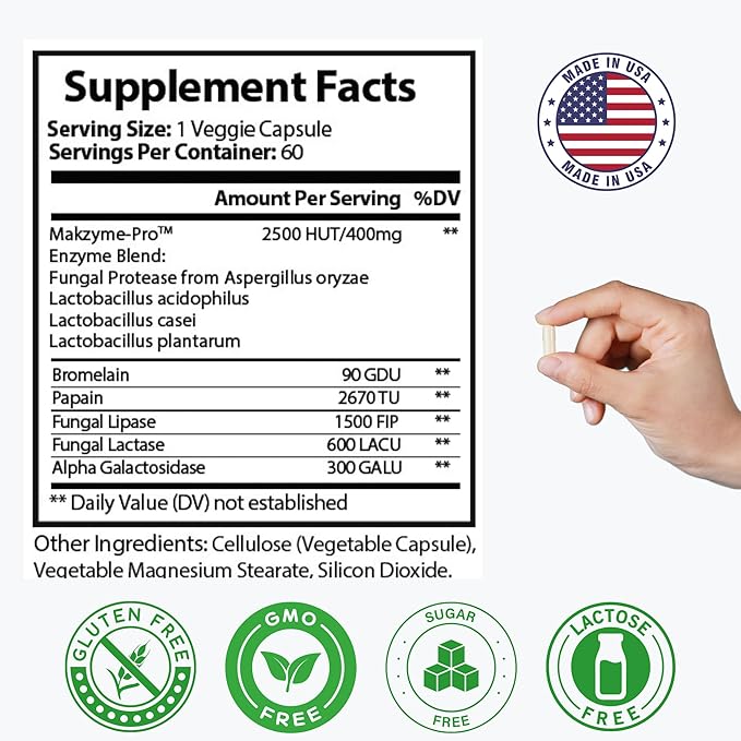 Digestive Enzyme Supplement with Probiotics Broad Spectrum Digestive Support with Makzyme-Pro Lactase Bromelain Papain – 60 Vegan Capsules – Relieves Bloating Gas and Supports Gut Health