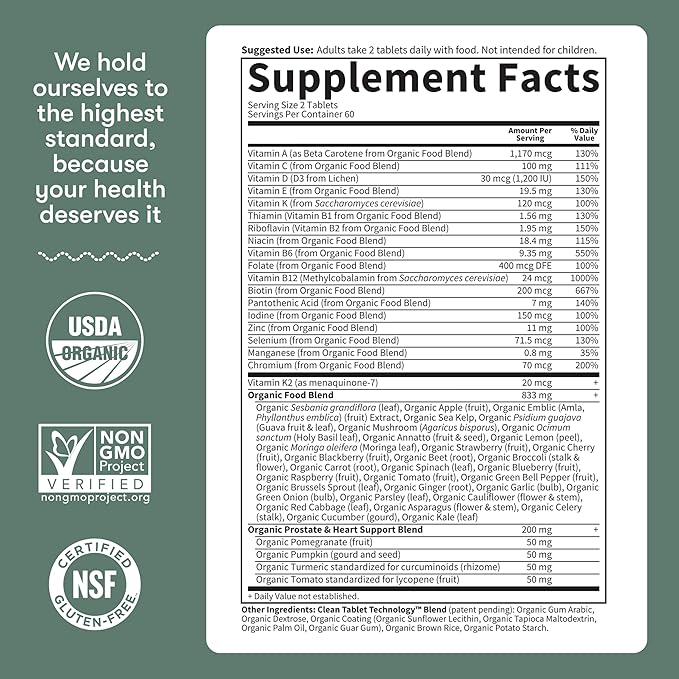 Garden of Life Organics Men's 40+ Multivitamin with Prostate Support B12 &amp Vitamins – Vegan Daily Whole Food Multivitamin Non-GMO Certified Organic 120 Tablets