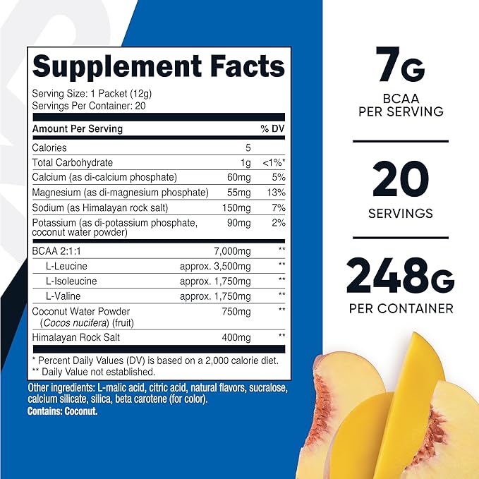 Nutricost BCAA+ Hydration Peach Mango Flavor (20 Stickpacks) - Branched Chain Amino Acids with Hydration Complex - Gluten-Free Non-GMO