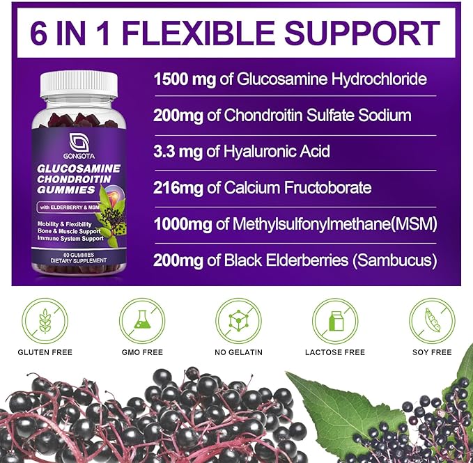Glucosamine Chondroitin Gummies - 2- Pack Extra Strength 1500mg Glucosamine with MSM &amp Elderberry Flexibility Support Best Cartilage &amp Immune Support Supplement for Men and Women - 120 coun