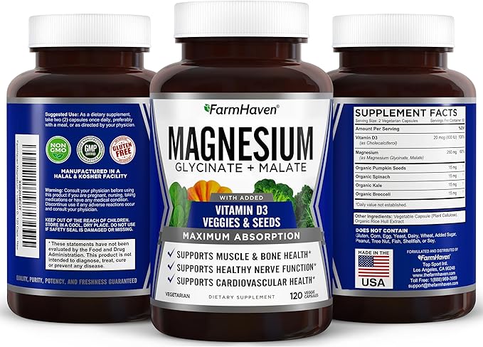 FarmHaven Magnesium Glycinate &amp Malate Complex w/Vitamin D3 100% Chelated for Max Absorption- Bone Health Nerves Muscles 240 Capsules 120 Days