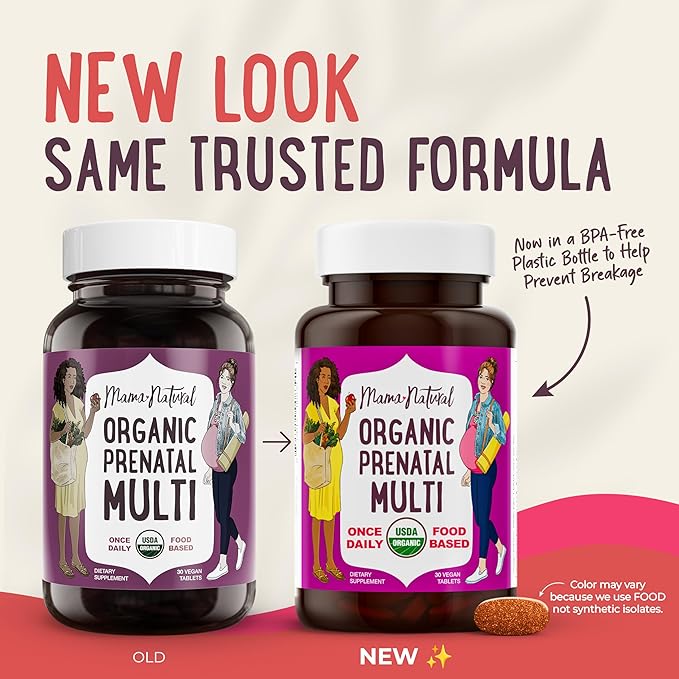 Mama Natural Organic Prenatal Vitamins for Women Vegan (30 Servings) | One A Day Prenatal Vitamins for Pregnant Women | Food Based Non-GMO &amp Gluten-Free - Pre Natal Multivitamin with Folate