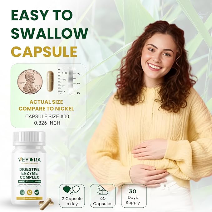 Digestive Enzyme Complex 1000 mg | 60 Vegan Capsules | with Probiotic &amp Inulin Fiber | Multi-Source Clean Label Formula | Non-GMO | Gluten-Free