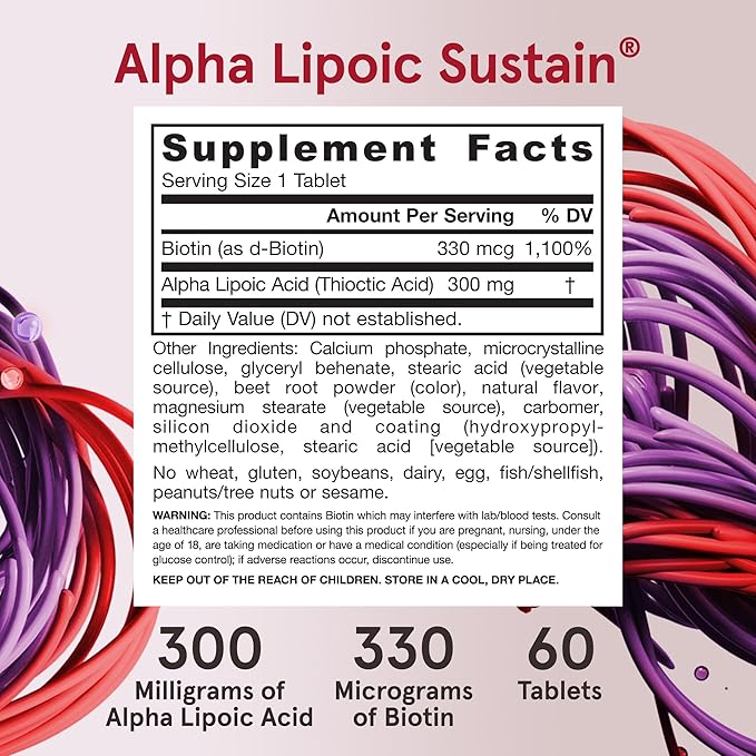 Jarrow Formulas Alpha Lipoic Sustain with Biotin 300 mg Alpha Lipoic Acid Universal Antioxidant Dietary Supplement 60 Vegan Tablets Up to a 60 Day Supply