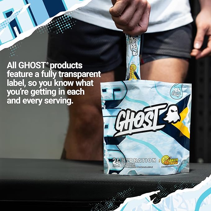 GHOST Hydration Packets Lemon Crush 24 Sticks Electrolyte Powder - Drink Mix Supplement with Magnesium Potassium Calcium Vitamin C - Vegan Friendly Free of Soy Sugar &amp Gluten