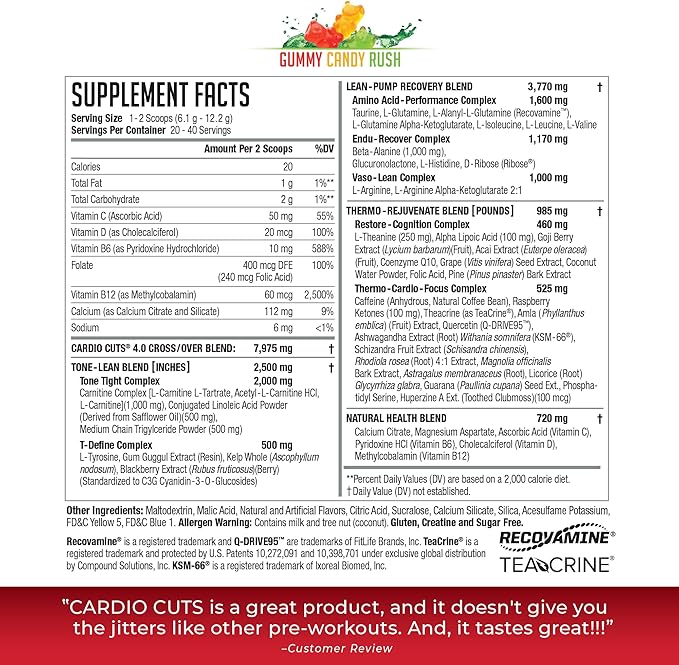 Cardio Cuts NDS Nutrition 4.0 Pre Workout Supplement - Advanced Weight Loss and Pre Cardio Formula with L-Carnitine CLA MCTs L-Glutamine and Safflower Oil - Gummy Rush (40 Servings)