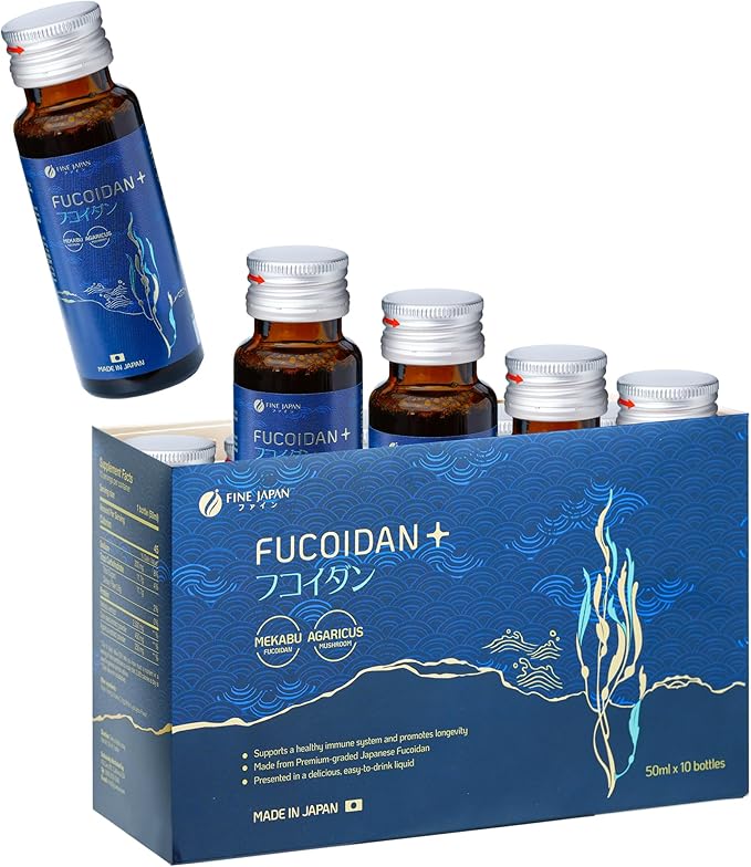 FINE JAPAN Fucoidan Plus Drink – Premium Brown Seaweed Supplement with Seaweed Extract Agaricus Mushroom &amp Coix Seed – 10 Bottles (50ml Each)