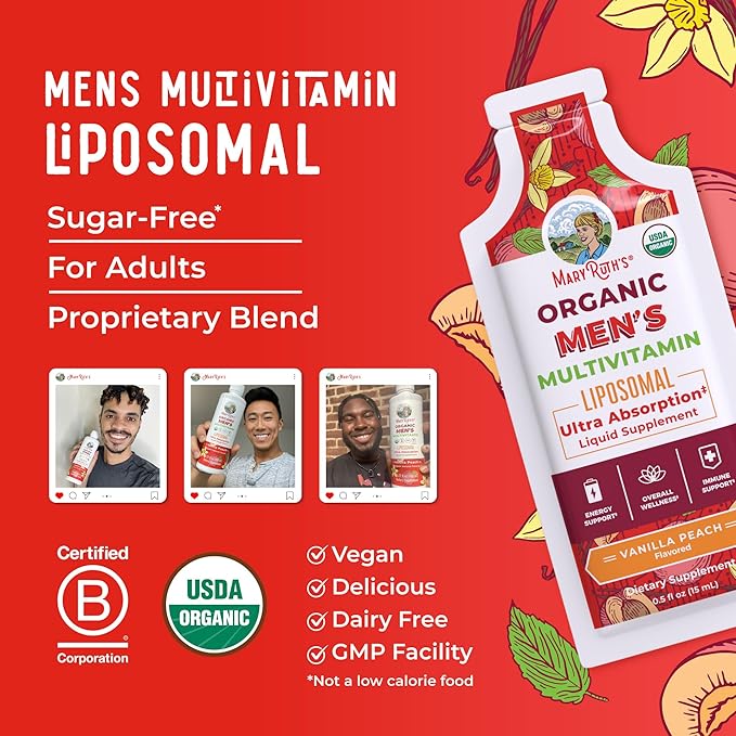 MaryRuth Organics Multivitamin for Men | USDA Organic | Sugar Free Mens Multivitamin Liposomal | Liquid Vitamins for Men | Immune Support Supplement &amp Overall Wellness | Vegan | 14-0.5 Fl Oz Pouch