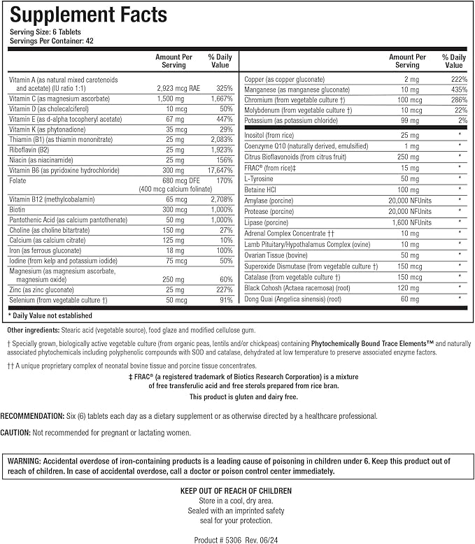 Biotics Research Equi Fem Multi Vitamin Mineral Supplement for Women High Dose Multi for Pre-Menstrual Support Black Cohosh Dong Quai Digestive Enzyme Support 252 Tablets