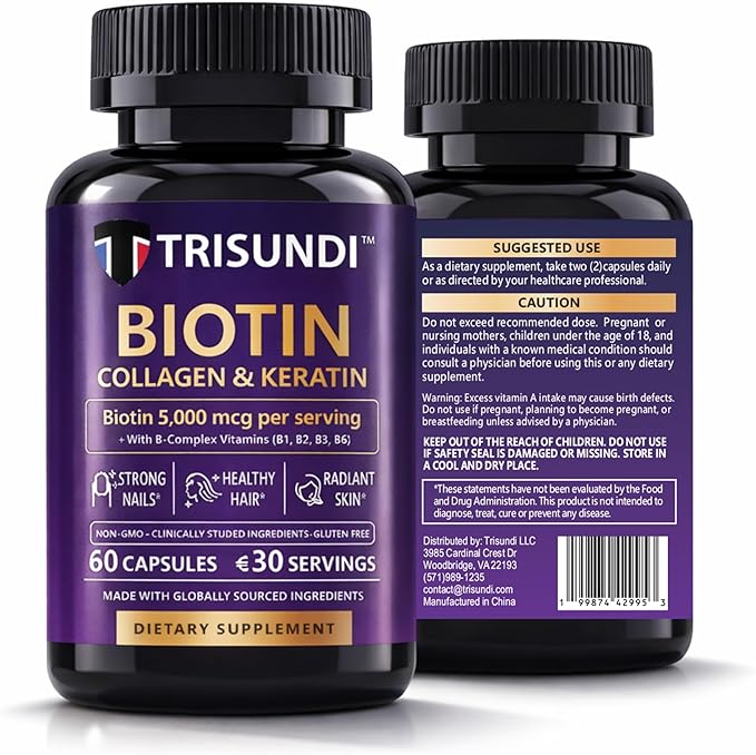 Biotin 5000 mcg Capsules with Collagen &amp Keratin B-Complex Vitamins B1 B2 B3 B5 B6 B12 Hair Skin Nail Support Formula 60 Capsules