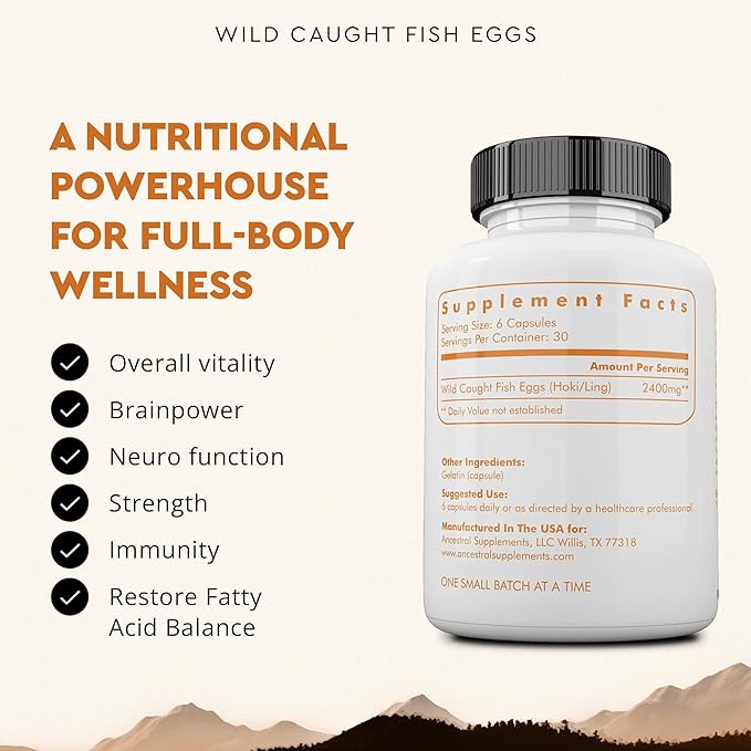 Ancestral Supplements Wild Caught Fish Eggs 2400mg Omega-3 Supplement Supports Brain Heart Fertility and Inflammatory Health Whole Food Source of Vitamin D K2 and A Non-GMO 180 Capsules