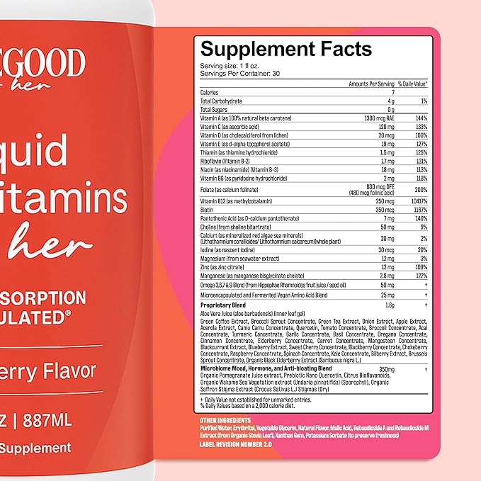 Liquid Multivitamin for Women | Sugar Free | 70+ Nutrients for High Absorption | B12 Folate Biotin Omega 3 6 7 9 | Energy Mood &amp Immune Support | Vegan Non-GMO | Mixed Berry | 30 Fl Oz