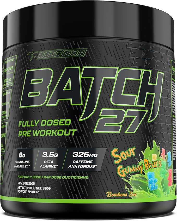 TC Nutrition Batch 27 Pre Workout Powder - 8g Citrulline 3.5g Beta Alanine 2.5g Betaine 325mg Caffeine | Instant Energy Focus Pumps &amp Strength | Nitric Oxide Booster 20 sv (Sour Gummy Bears)