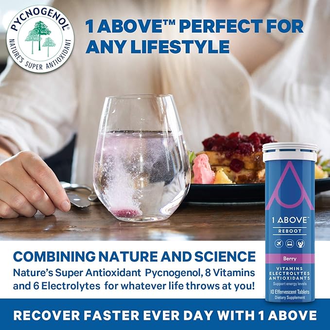 1Above Jet Lag Relief Tablets - Citrus-Flavored Effervescent Multivitamin with Pycnogenol Travel Supplement for Hydration Energy Immune Support and Faster Recovery - Flight Essential 10 Tablets
