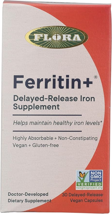 Flora Ferritin+ Delayed-Release Iron Supplement - Plant-Based Iron Supplement - Blood Cell &amp Energy Support - Vegan &amp Gluten-Free - Amber Glass Bottle - 30 Vegan Capsules