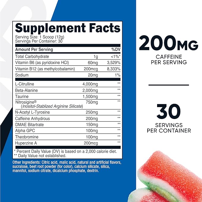 Nutricost Pre-Workout Powder (Watermelon Candy) 30 Servings - GMO-Free Gluten-Free Vegetarian