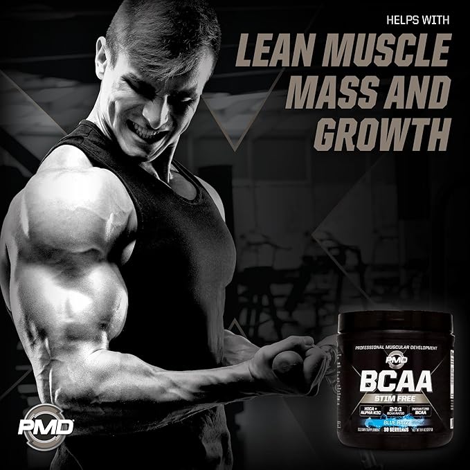 PMD Sports BCAA Stim-Free Amino Acids - Better Workout Performance Enhanced Recovery Daily Energy Muscle Builder and Muscle Sparing - BCAA Powder Drink Mix - Blue Razz (30 Servings)
