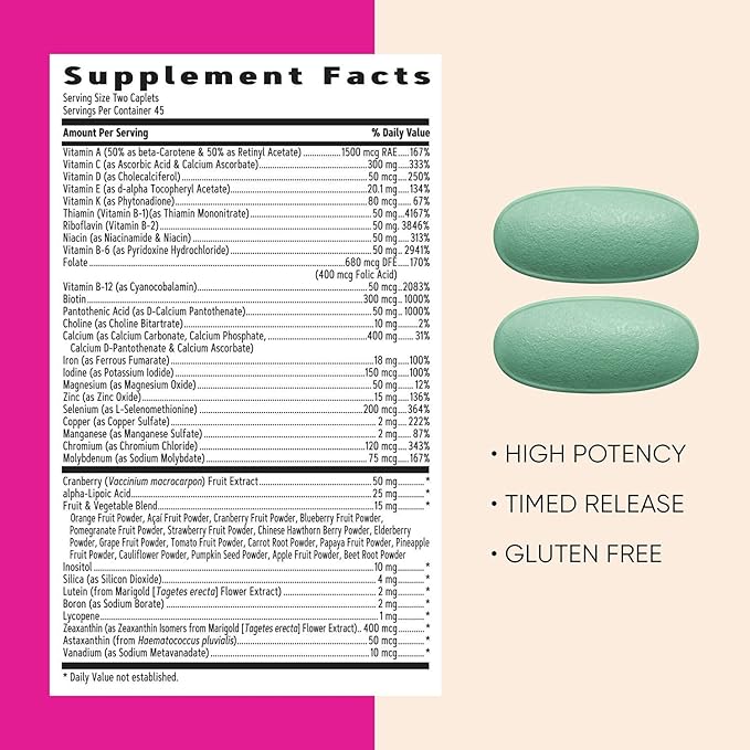GNC Women’s Ultra Mega Multivitamin Caplets Clinically Proven to Feel Better Immune Support Vitamin A B C D Iron Biotin Beauty Gluten Free Timed Release 90 ct 45 svgs