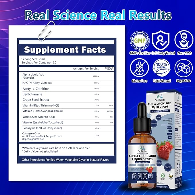Alpha Lipoic Acid 1000mg Liquid Drops Max Strength 11-in-1 ALA Supplement w. Acetyl L-Carnitine Benfotiamine &amp B1 B12 C E Alpha-Lipoic Acid Nutritional for Neuropathy Nerve Energy Antioxidant