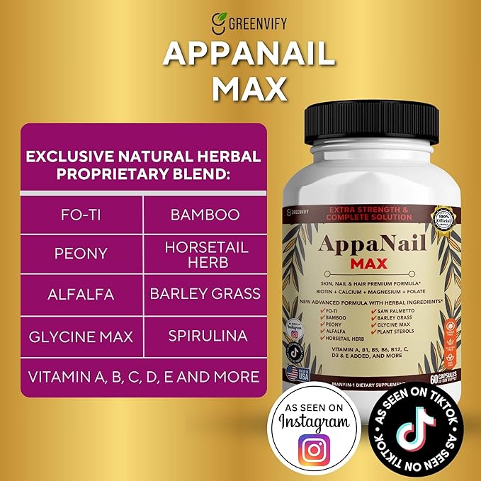 AppaNail MAX Hair Skin &amp Nail Supplement 60 Capsules with Biotin 5000mcg Vitamins Minerals &amp Herbal Complex (1)