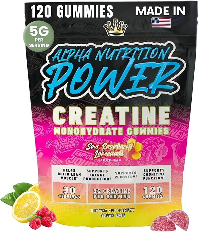 Creatine Monohydrate Gummies 5g - Raspberry Lemonade Flavored Creatine for Women and Men - Supplement for Muscle Gain Strength Energy Cognitive Health Pre and Post Workout Recovery (120 Gummies)