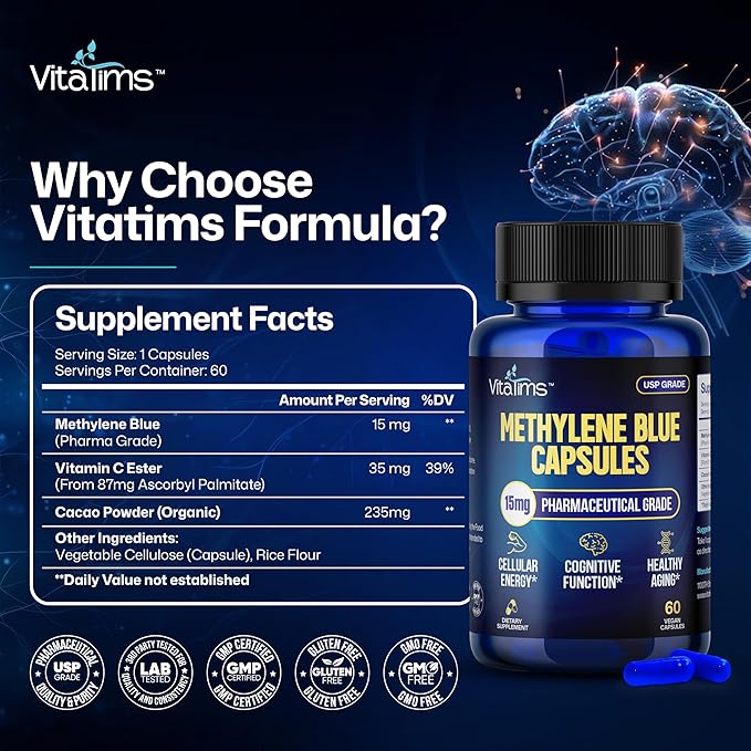 Methylene Blue Capsules – 15 mg with Vitamin C Ester - USP-Grade 99% Pure Formaldehyde-Free Formula – 60 Vegan Capsules for Focus Energy &amp Everyday Well-Being
