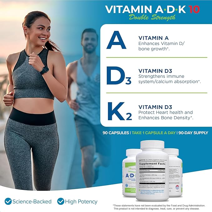 Power By Naturals ADK Vitamin Supplement – Vitamins A D3 250 mcg &amp K2 MK-7 for Bone &amp Immune Health – Gluten-Free Soy-Free – 180 Capsules 2-Pack (6-Month Supply)