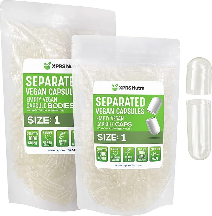 XPRS Nutra Vegan Size 1 Separated Capsules - 1000 Count Clear Premium Empty Capsules Separated in Bags - Pills 1 for DIY Supplement Filling