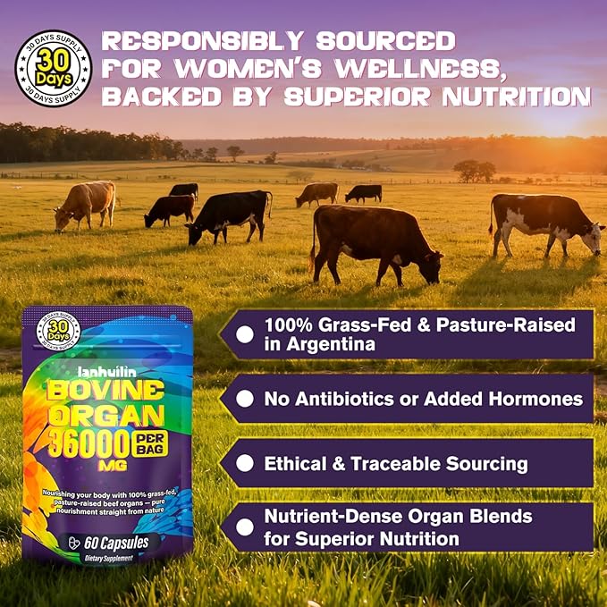 Beef Organ Supplement for Women - 100% Grass Fed Beef Organs with Bovine Liver Ovary Uterus Kidney Heart &amp Fallopian Tubes - PMS Menopause &amp Energy Immune &amp Mood Support 60 Count