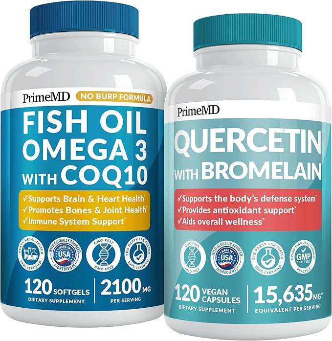 4-in-1 Fish Oil Omega 3 Supplements (2100mg) - Omega 3 Fish Oil with Vitamins D3 &amp K2 and CoQ10 &amp 28-in-1 Quercetin with Bromelain Supplement for Daily Immune Defense Support (120ct)
