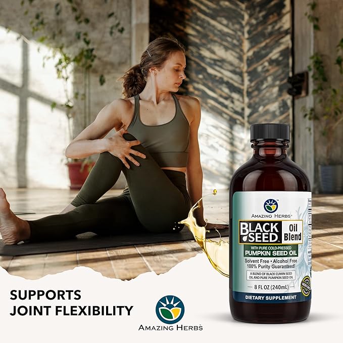 Amazing Herbs Black Seed and Pumpkin Seed Cold-Pressed Oil Blend - Gluten-Free No Preservatives High in Omega 3 6 &amp 9 Improves Immune Respones &amp Promotes Digestive Health - 8 Fl Oz