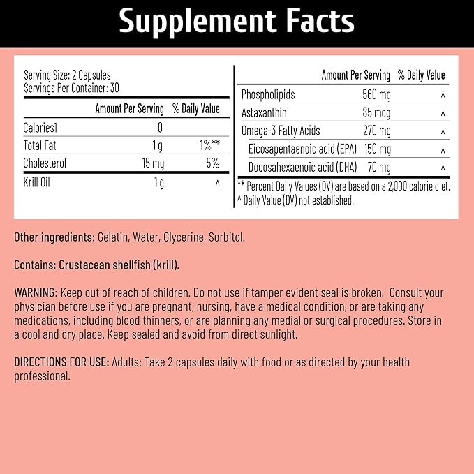 Antarctic Krill Oil 500mg 56% Phospholipids with Superba™ Krill Oil Astaxanthin &amp Omega-3s 500mg Easy-to-Swallow Softgels No Fishy Burps 60 Count