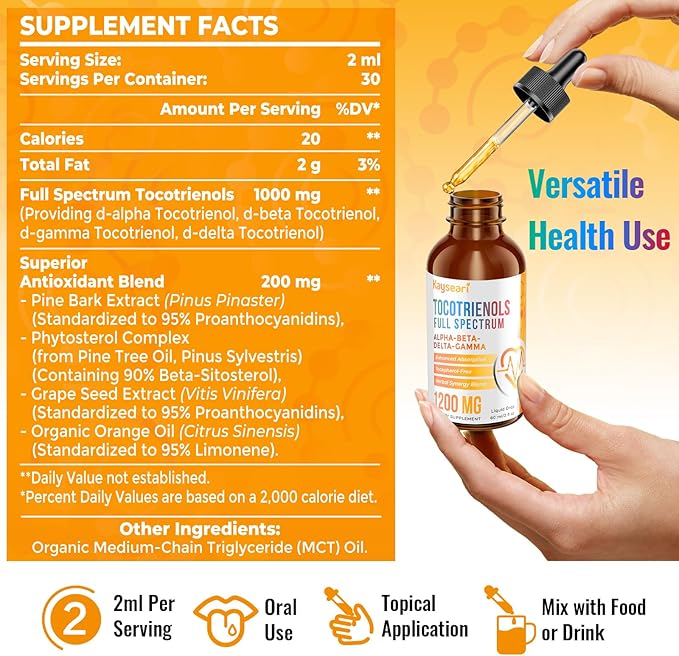 Full Spectrum of Tocotrienols Supplement 1200mg- Tocotrienol Vitamin E LiquidTocopherol-Free - Superior Antioxidant Blend - Higher Absorption - 2 fl oz30 Servings
