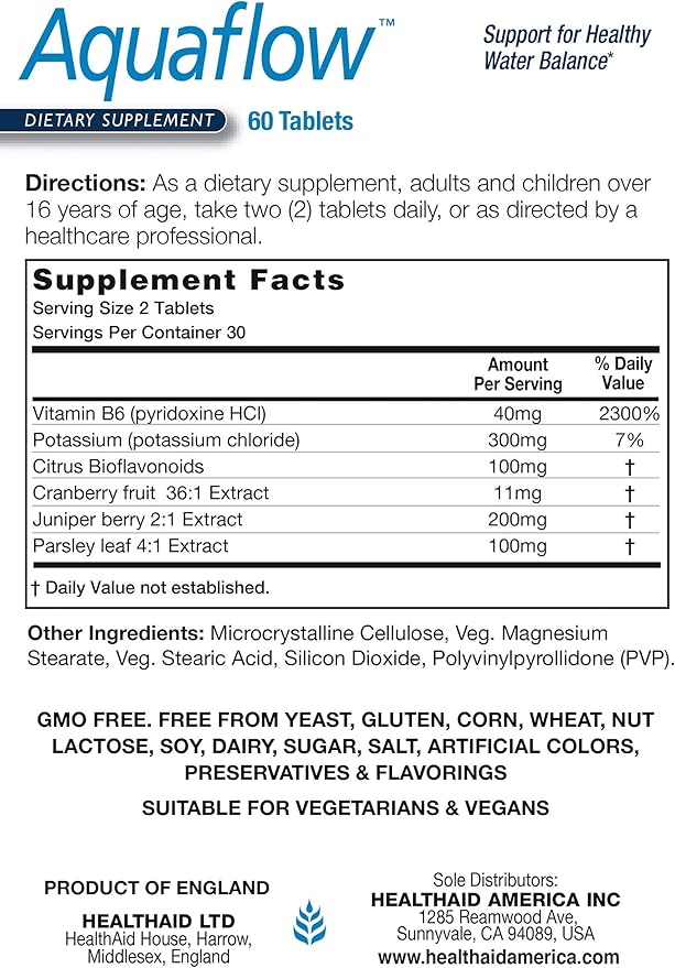 Aquaflow Water Balance Support Tablets – Helps Maintain Healthy Fluid Balance &amp Reduce Occasional Water Retention – Botanical Blend with Juniper Parsley &amp Cranberry – Vegan – 60 Tablets*