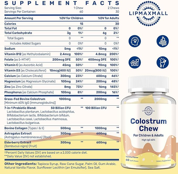 Bovine Colostrum Chews Supplement with 60% IgG for Humans Women Men Kids- for Immune Gut Bone Joint Cognitive Overall Growth from Grass-Fed Cows &amp Vanilla Flavor 60 Soft Chews (2 Bottles)