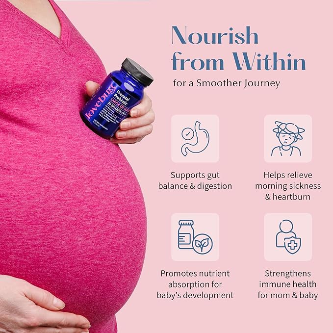 LOVEBUG Prenatal Probiotic Supplement - 7 Probiotics &amp Prenatal Vitamins for Women 20 Billion CFU with Soothing Peppermint Ginger Raspberry Leaf and Lemon Balm. 30 Capsules