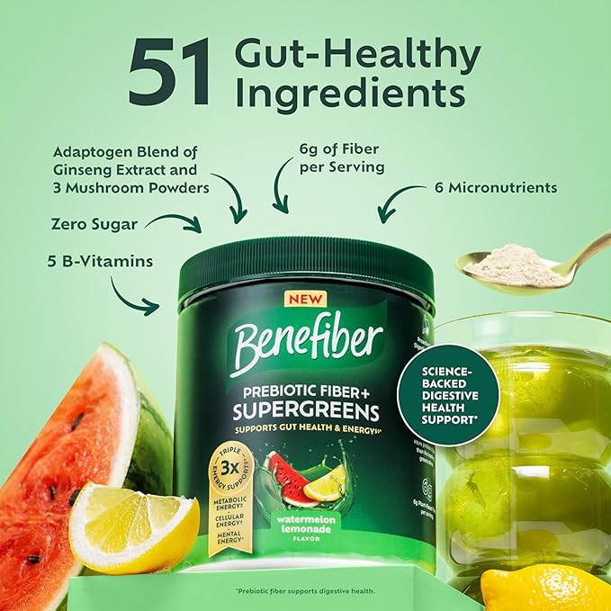 Benefiber Prebiotic GLP-1 Friendly Fiber + Supergreens Dietary Supplement Powder Watermelon Lemonade Flavor 8.8 oz (250g)
