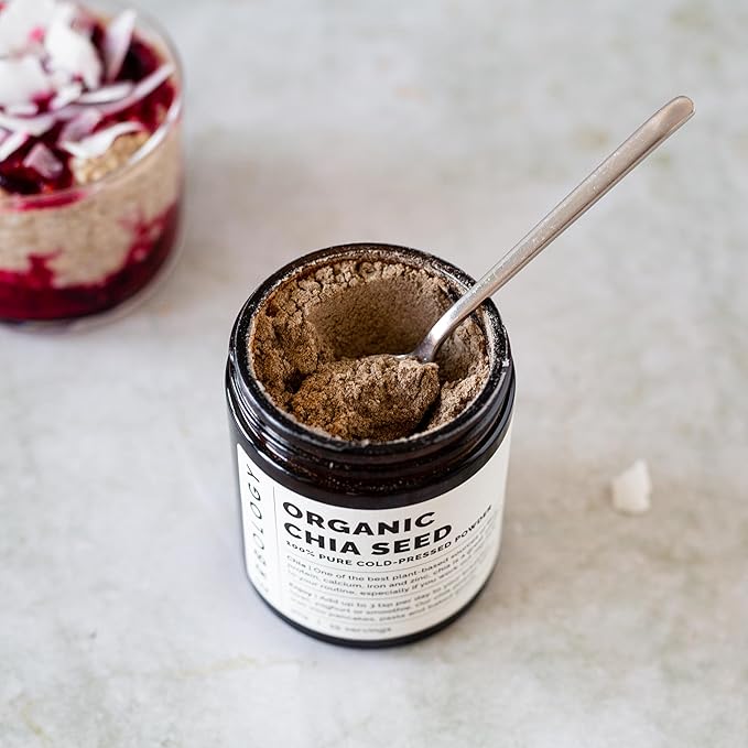 Erbology Organic Chia Powder 3.2 oz - Cold-Pressed from 100% Chia Seeds - Rich in Fibre Protein and Minerals - Raw Vegan and Gluten-Free - Non-GMO - Recyclable Glass Jar