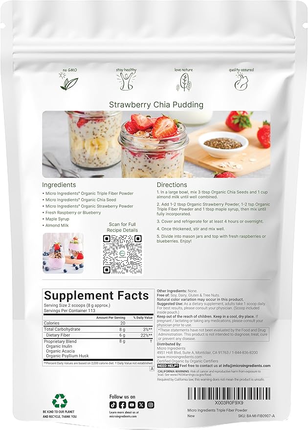 Micro Ingredients Organic Triple Fiber Powder 2lb | Natural Prebiotic to Support Digestive &amp Gut Health | Soluble Easily Digestible | Unflavored Vegan