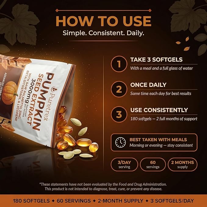 Pumpkin Seed Oil 3000mg with Saw Palmetto Beta-Sitosterol Zinc &amp BioPerine® – 180 Vegan Softgels | Prostate &amp Hair Growth Support | DHT Blocker | Urinary &amp Bladder Health | Cold-Pressed