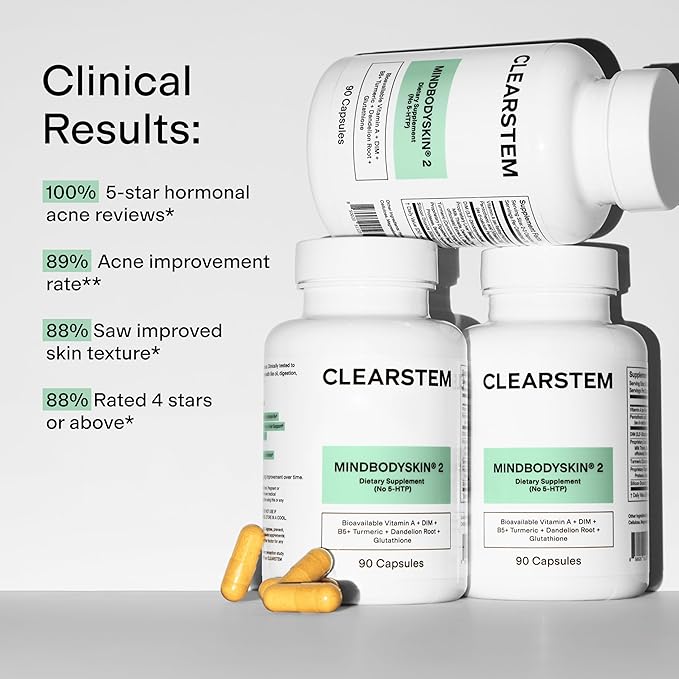CLEARSTEM - MINDBODYSKIN Hormonal Acne Supplement (No 5-HTP) - Natural DIM Supplement - Skin Care Vitamins - Hormone Balance Antioxidants - Gluten Free Cruelty Free - 30 Servings 90 Capsules