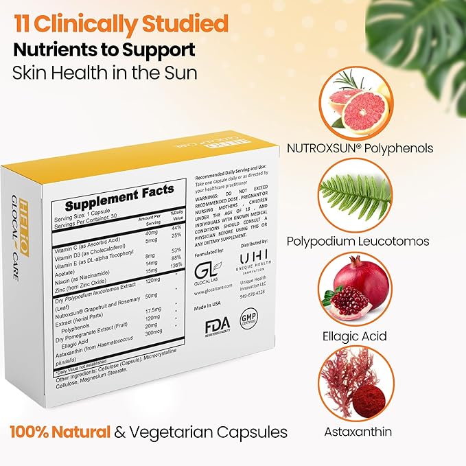 GlocalCare Helio Antioxidant-Rich Sun Defense &amp Skin Rejuvenation Supplement with Polypodium Nutroxsun Astaxanthin &amp Pomegranate Extract - Fights Photoaging &amp Oxidative Stress - 30 Capsu