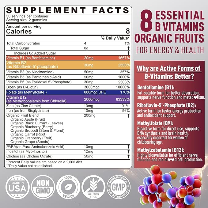 Super Methylated B Complex Vitamin Gummies – All B Vitamins + Inositol Biotin PABA Iron Choline for Women &amp Men Methyl B12 2000 mcg Folate B1B2B3B5B6B7 Supports MTHFR Gene &amp Energ
