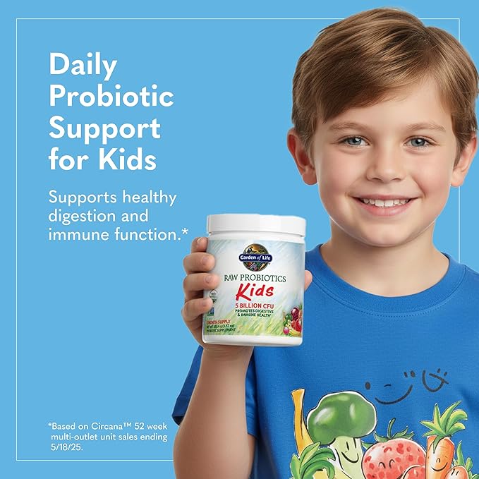 Garden of Life Raw Probiotics Kids - 5 Billion CFU - Whole Food Probiotic for Gut Health &amp Immune Support - for Children Ages 1 Year &amp Older - 60 Servings