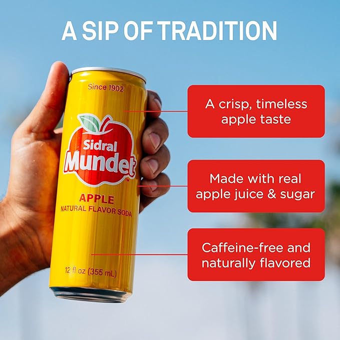 Sidral Mundet - Mexican Soda Soft Drinks Apple (12 oz 355ml) 8 Cans - Caffeine Free Gluten Free - Real Cane Sugar - 0g Fat - Made in Mexico - Natural Flavor Soda Pop - Over 120 Years
